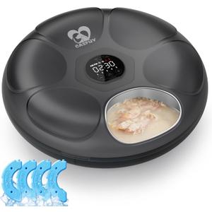 Casfuy Automatic Cat Feeder Cordless - Automatic Cat Food Dispenser with Stainless Steel Tray for Wet Food Rechargeable Auto Feeder for Cats Small Dogs with Programmable Timer Low Battery Indicator