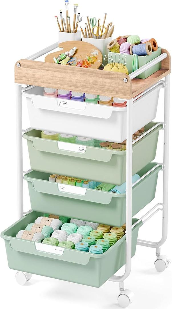 Rolling Craft Storage Cart with 4 Drawers,Utility Cart with Drawers,Art Craft Organizers and Storage,Kids Craft Cart,Kids Art Cart With DIY Lable and Wooden Tabletop Area,Green
