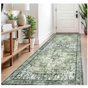 3x8 Washable Rug for Entryway, Green Soft Printed Area Rug, Non-Slip Kitchen Rugs, Low-Pile Medallion Indoor Door Mat, Small Farmhouse Carpet for Entrance Kitchen Foyer Bedside