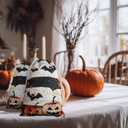 Halloween Bag 2 Pieces Printed Storage Drawstring Canvas Bag Halloween Theme Pumpkin Bat (Beige)