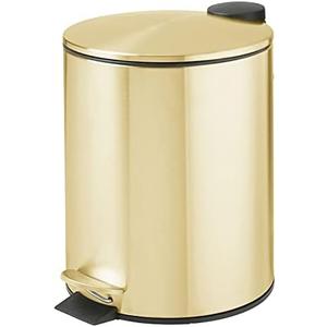 mDesign Metal 1.3 Gallon/5 Liter Round Step Trash Wastebasket, Garbage Container Bin with Lid for Bathroom, Powder Room, Bedroom, Kitchen, Craft Room, Office - Removable Liner Bucket - Soft Brass
