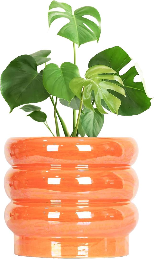 10 inch Ceramic Plant Pots for Indoor Plants, Rainbow Pearl Glaze Planter with Planters for Plants with Drainage Hole, Orchid Pots, Succulent Pot,Large Flower Pot (Orange) (Peach)
