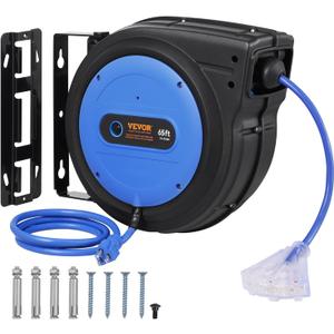 VEVOR 65FT Retractable Extension Cord Reel, 12AWG/3C SJTOW Heavy Duty Power Cord w/Lighted Electrical Triple Tap Outlets, 15A Circuit Breaker,180 Swivel Bracket for Workshop or Garage, Blue