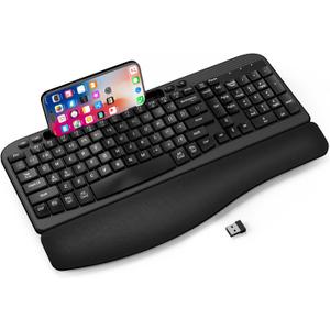 Ergonomic Wireless Keyboard with Cushioned Wrist Rest, Wave Keys, Phone Holder, Comfortable Natural Typing, 2.4GHz Full Size Cordless USB Computer Keyboard for Windows, Mac OS, Laptop, PC (Black)