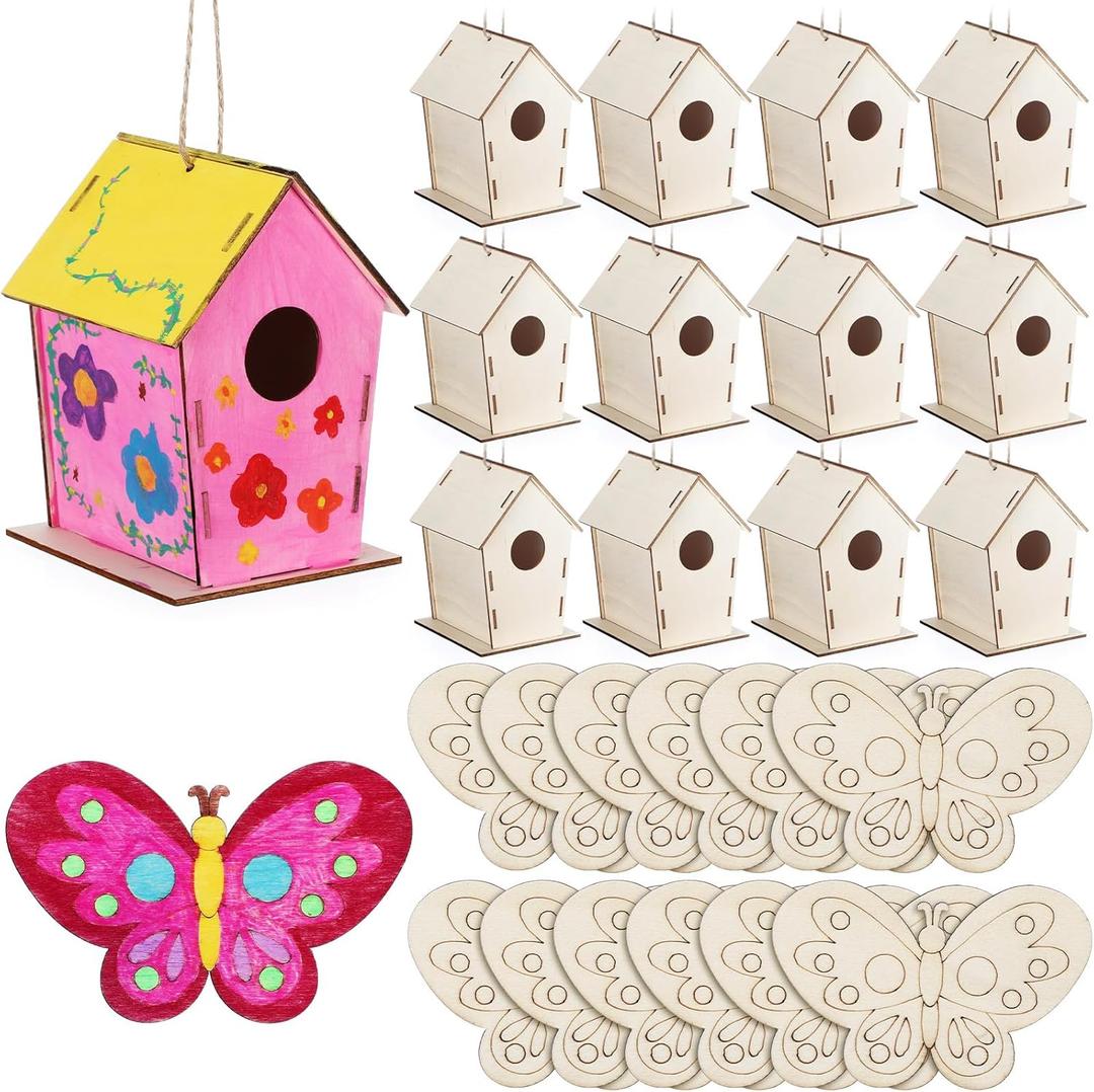 DoubleFill 24 Pack Wooden Bird Houses Bulk, Butterfly Wood Chips for DIY Unfinished Hanging Birdhouse Kits, Wooden Craft Houses to Paint VBS Craft Family Crafts Party Favor