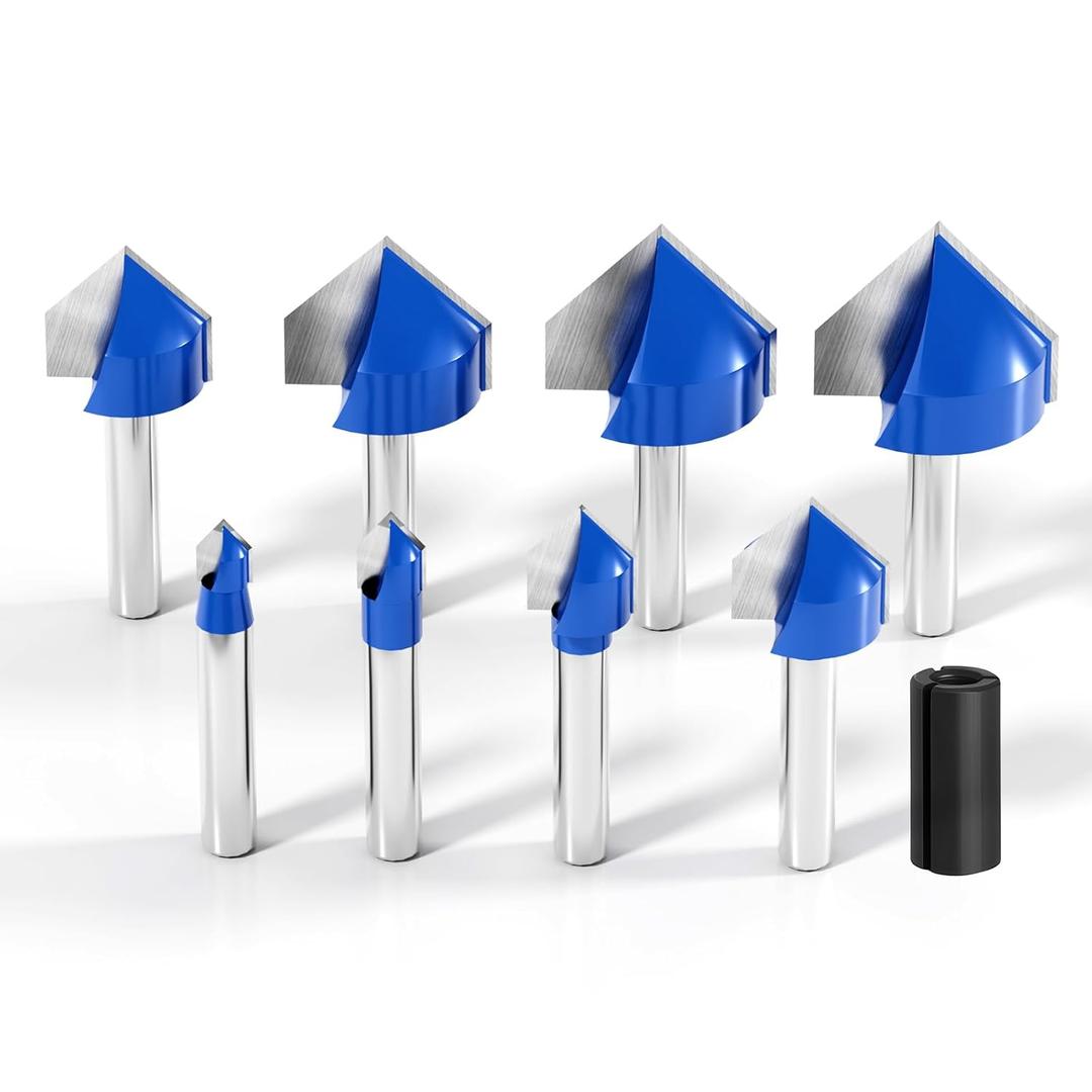 1/4 Inch Shank 90 Degree V Groove Router Bit Set - 8 Sizes (1/4" to 1") Solid Carbide Double Flute for CNC Engraving & Woodworking