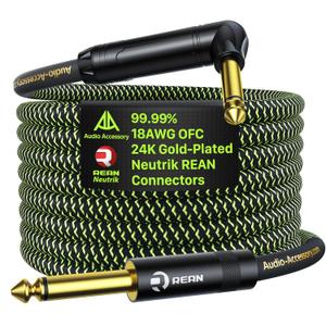Pro Bass Guitar Cable 10ft Right Angle, Gold-Plated Neutrik REAN Connector, 99.99% 18AWG OFC, Kevlar-Reinforced 1/4 Inch Instrument Cable for Fender Combo Amp Rumble Frontman Mustang Marshall Spark