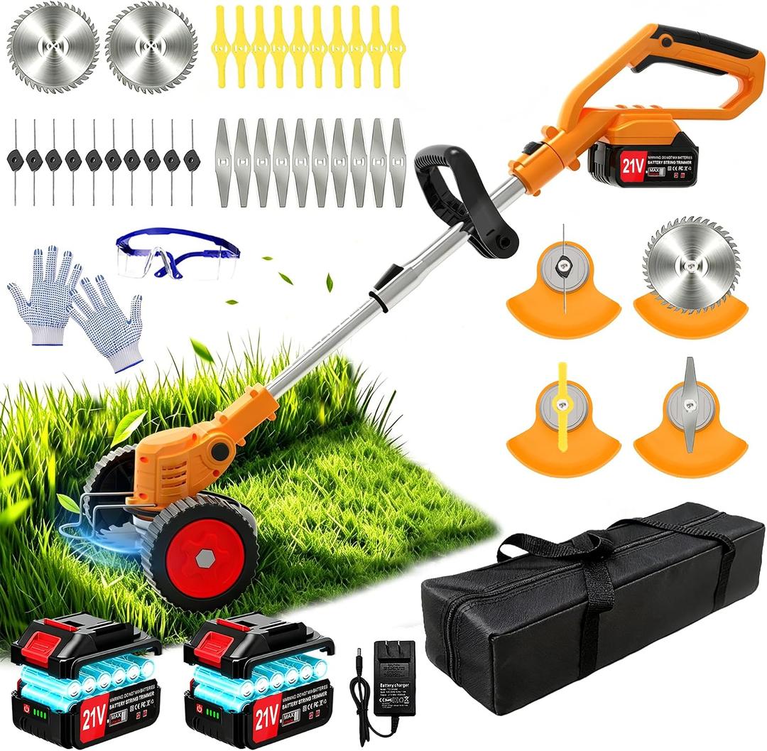 Electric Weed Wacker Cordless Eater, No String Trimmer Battery Powered 3-in-1 Lightweight Grass Trimmer/Brush Cutter/Edge, 4 Types Blade, Stringless Weed Trimmer with Wheels for Lawn Yard Garden