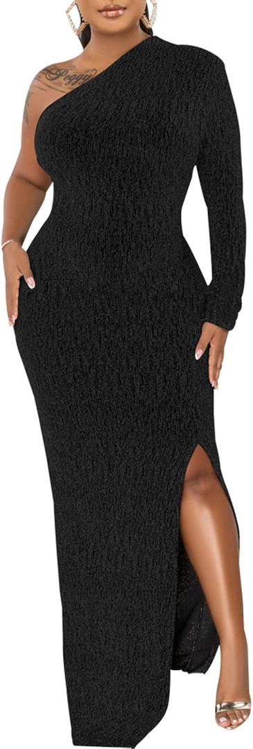 Women's Formal Evening Gowns Elegant Sparkly One Shoulder Maxi Dresses Sexy Long Sleeve High Split Party Long Dress (Black, M)