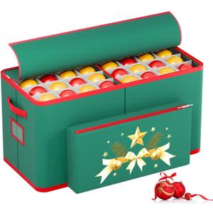 MODFUNS Christmas Ornament Storage Box 128 Ornaments Green Christmas Ornament Storage Containers with Adjustable Dividers 600D Oxford Fabric Xmas Storage Box with Zippers and Outter Pocket