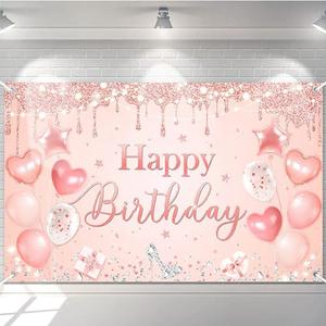 Avezano Happy Birthday Banner for Women and Girls Pink and Rose Gold Birthday Party Decorations Glitter Happy Birthday Backdrop Pink Birthday Party Supplies 70.8 x 43.3 Inch