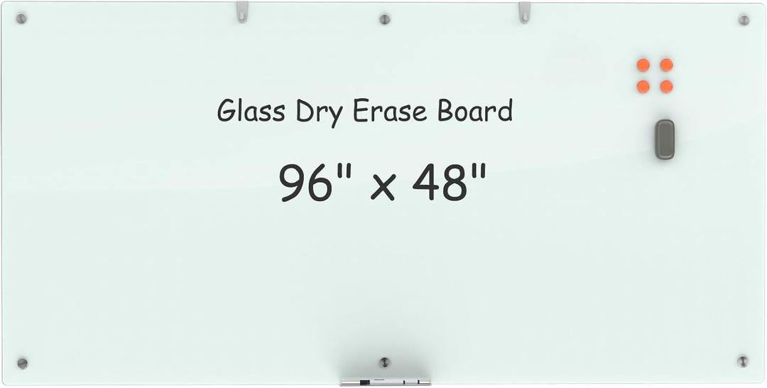 Large Glass Dry Erase Board, 96 x 48 Inches Magnetic Glass Whiteboard for Wall, 8' x 4' Frameless Board for Office, Home, School
