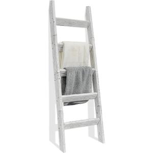FUIN 5ft Wood Blanket Ladder Living Room Decorative Wall Leaning Farmhouse Quilt Display Holder Storage Wooden Towel Rack for Bathroom, Rustic White (KD Side Rails)