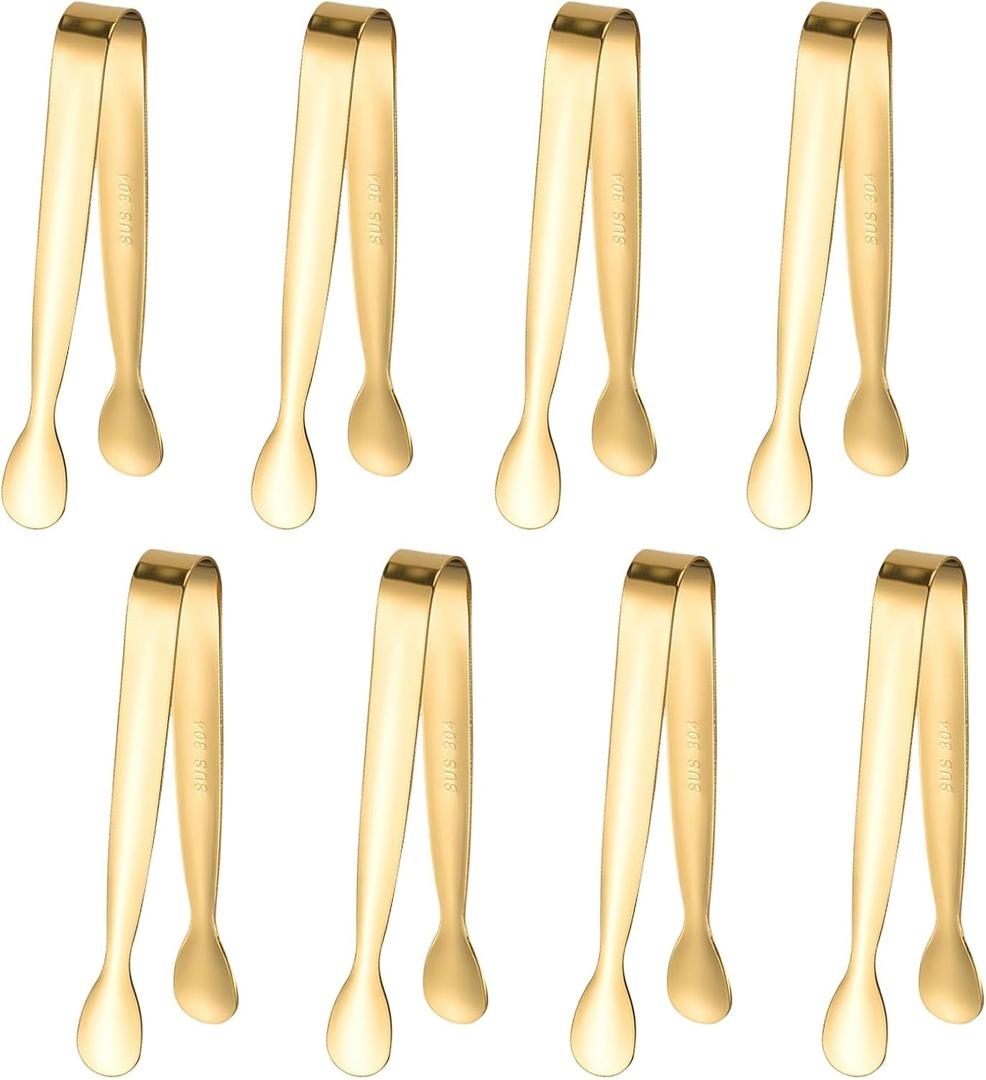 8PCS Gold Mini Metal Tongs, 4.3" Stainless Steel Tiny Tong, Small Kitchen Accessories for Serving Food, Ice, Sugar Cube, Salad, Toaster, Desserts