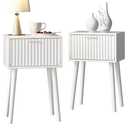 LAATOOREE Nightstands Set of 2, Small Side Table, Bedside Table with Fluted Door, Solid Wood Feet; Modern Mid-Century End Table for Bedroom, Small Space (White)