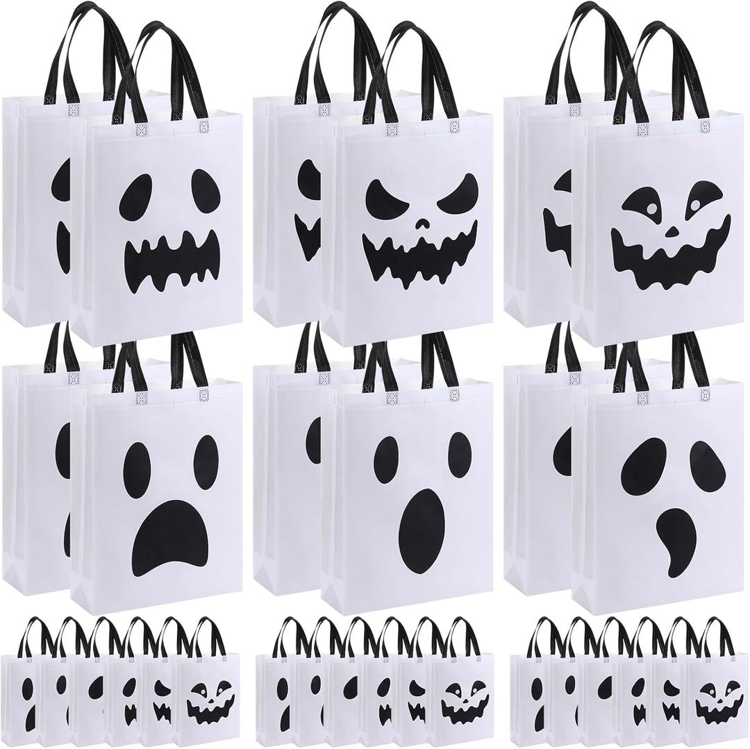 Sanwuta 24 Pcs Halloween Tote Gift Bags 14.9 x 11.8 Large Treat or Trick Ghost Reusable Non Woven Candy Goodies Bags for Halloween