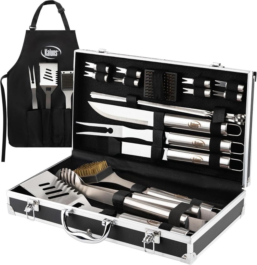 Kaluns Grilling Accessories, Dad Gifts for Fathers Day Grilling Gifts, Heavy Duty Stainless Steel BBQ Grill Tools Set for Outdoor Grill with Aluminum Case and Apron, Dad Birthday Gifts for Men Husband