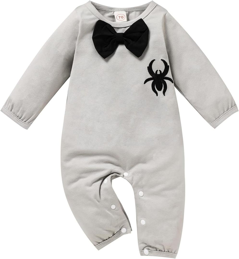 Sinhoon Newborn Baby Boy Halloween Outfit Long Sleeve Romper Spider Pattern Jumpsuit with Bowtie(Grey, 3-6 Months)