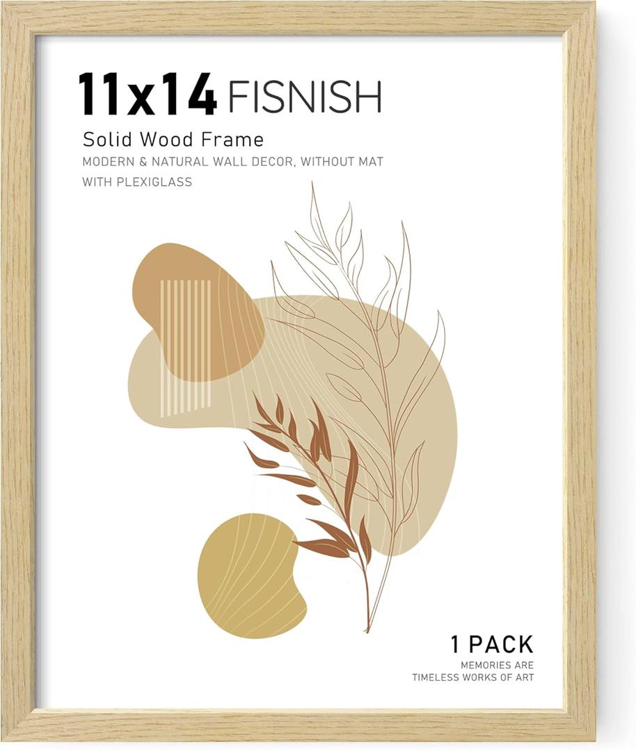 11x14 Picture Frame, Natural Solid Wooden Picture Frames, Display 11x14 Photos without Mat, Horizontal or Vertical Wall Mounting, Oak Wood Grain, 1 Pack