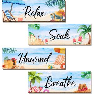 4 Pcs Ocean Beach Bathroom Decor Wall Art, Bathroom Pictures Wall Decor, Wooden Costal Positive Bathrooms Hanging Signs, Relax Soak Unwind Breathe Glitter Toilet Decoration for Spa Laundry 4x12 Inch