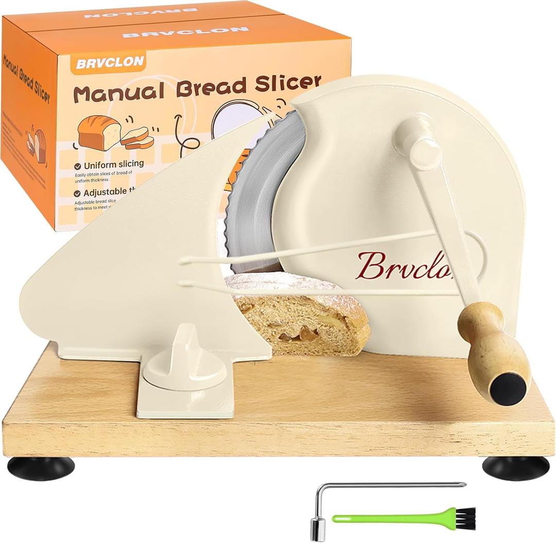 Manual Bread Slicer for Homemade Sourdough Bread, Metal Guide & Adjustable Thickness, Hand Crank Bread Slicer  Upgraded Model, Gift Packaging & Stainless Steel Blade (Cream)