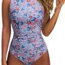 SUUKSESS Women Sexy One Piece Tummy Control Swimsuit Ruched High Neck Slimming Swimwear 2025 Low Back Bathing Suit(Pink Floral Printed, Large)