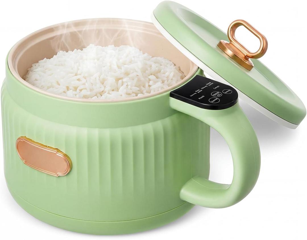 1 Pcs 1.6 L Electric Ramen rice Cooker Hot Pot electric Noodle Cooker, Boil Dry Protection, Non-stick Ceramic Coating Multi-functional Lazy Pot 6 Functions: Rice, Soup & More (Green)