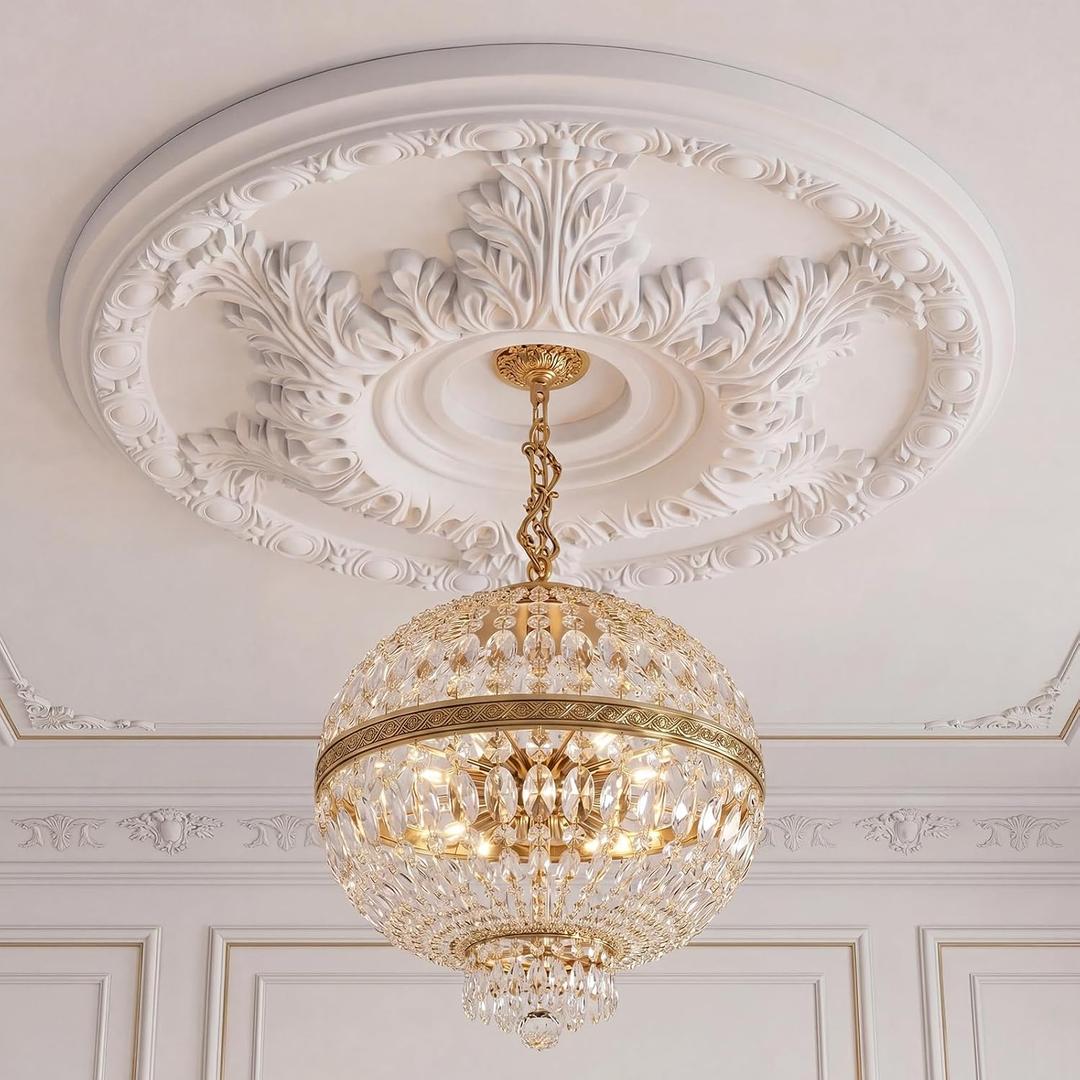 24" Od x 3.74" ID Ceiling Medallion, Large PU Chandelier Ceiling Fan Medallion, Classic Round Paintable Chandelier Base, Easy Install Fan Base for Living Room Light Fixtures