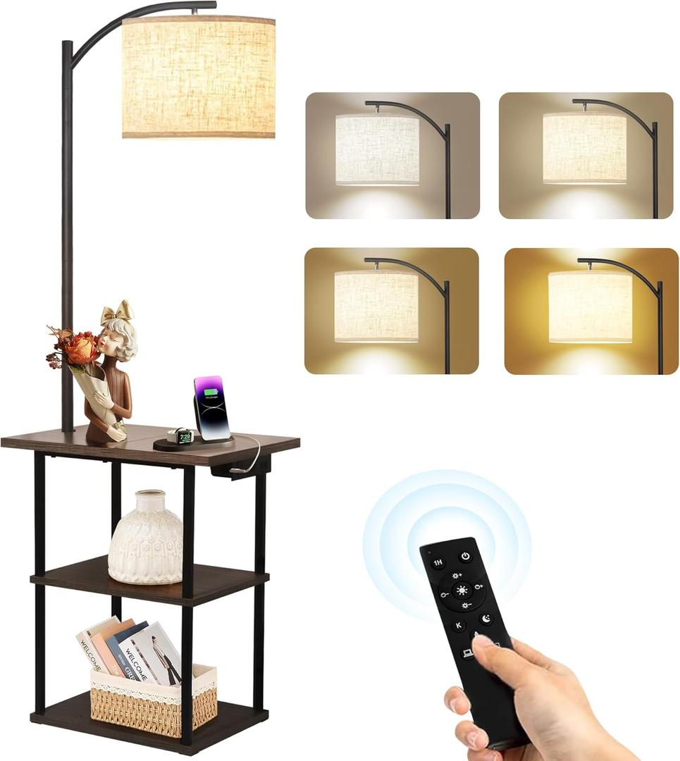 PESRAE Floor Lamp with Remote, Adjustable 3000K-6000K Colors & Brightness Bulb, End Table with Charging Station(USB & Type-C & AC Port), Modern Shelves Side Table for Bedroom, Living Room, Office