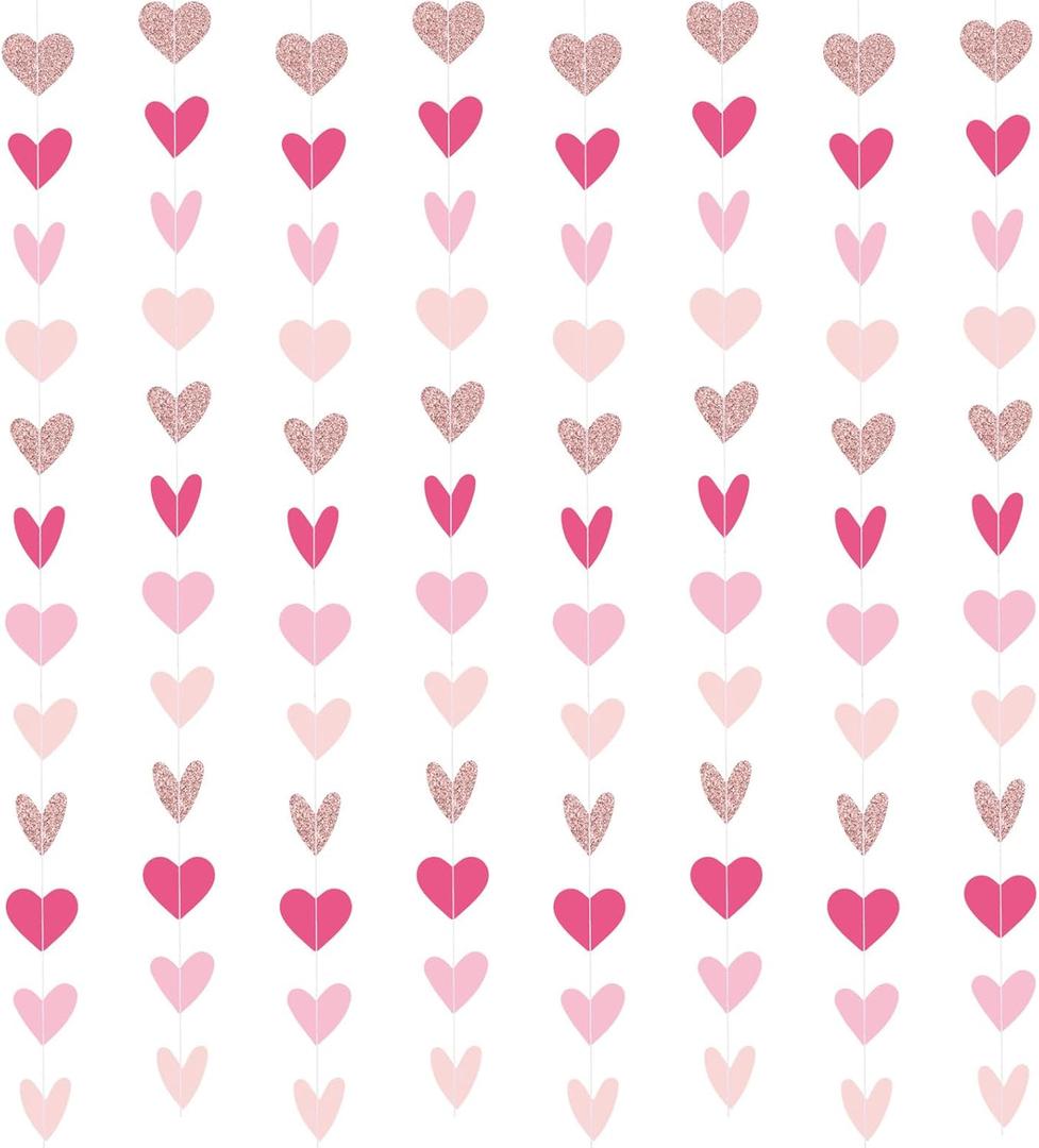 Capoda 8 Pcs Valentine's Day Garland Decorations Rose Gold Pink Burgundy Heart Garland Banners Glittery Valentines Hanging Decor for Sweet Day Birthday Wedding Anniversary Party Supplies