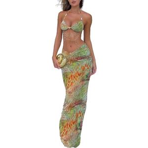 Women's Two Piece Maxi Skirt Sets Summer Beach Sexy Ruched Backless Pearls Chain Decor Crop Top and Cut Out Skirt (M)