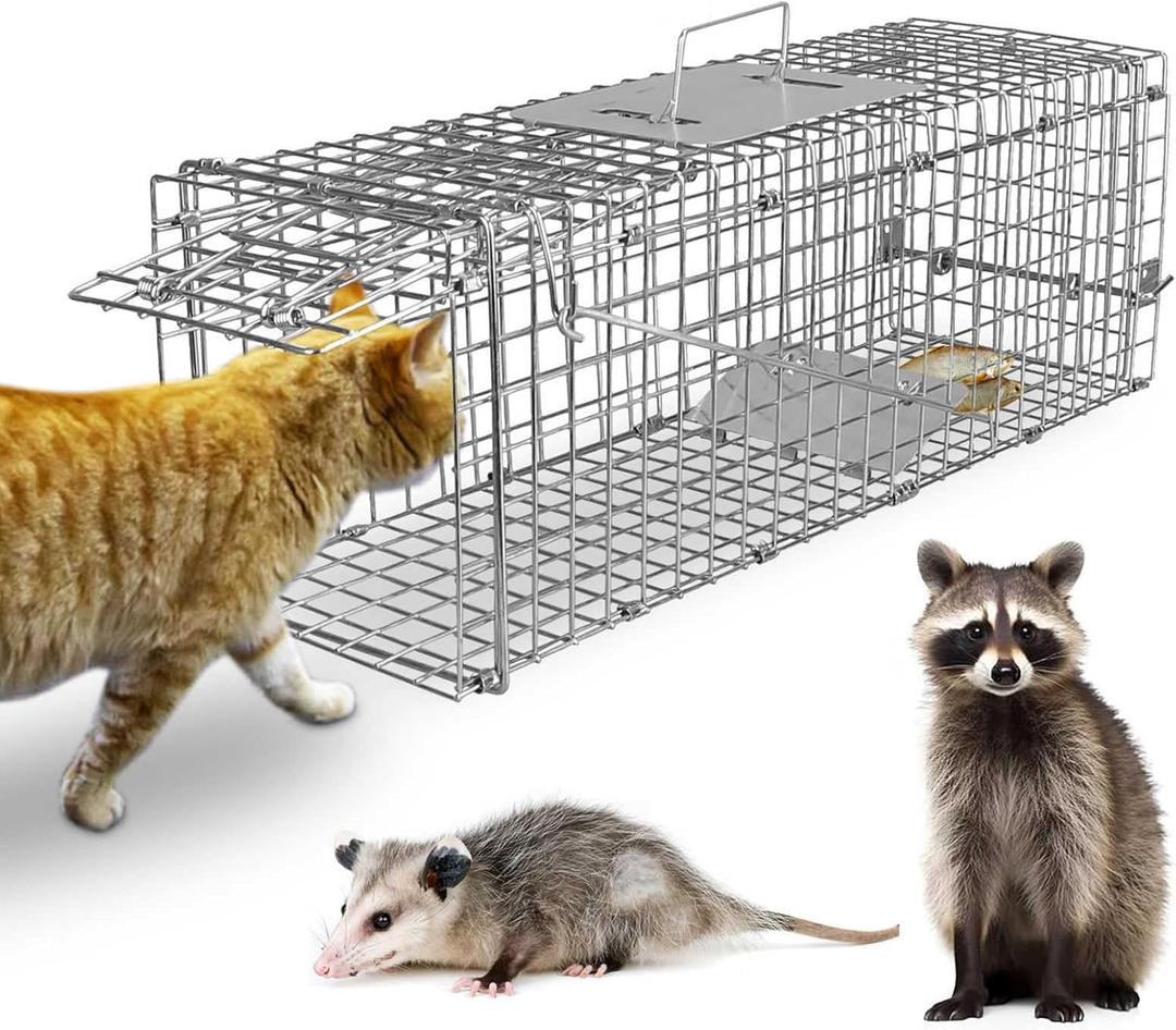 TeqHome Live Animal Cage Trap, Collapsible Humane Live Animal Cage Trap, Galvanized Steel Humane Live Trap Cage for Stray Cat, Groundhog, Raccoon, Squirrel, Chipmunk, Mole, Gopher, Skunk - 24"x7.3"x8"