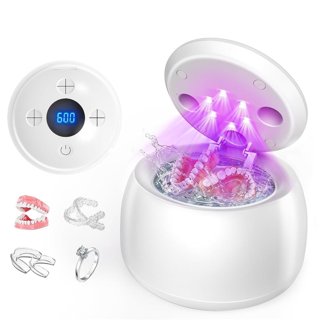 Ultrasonic Retainer Cleaner with UV Light - 45kHz Deep Cleaning Pod for Dentures, Aligners, Night Guards - Includes Cleaning Brush, 200ml Capacity (White)