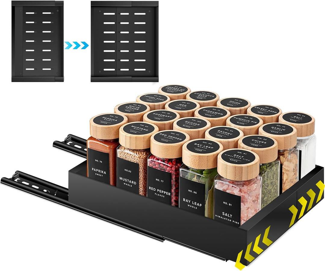 Pull Out Spice Rack Organization for Cabinet, Slide Out Expandable Spice Organizer, Adjustable Spice Cabinet Organizers, Cabinet Size Need: 2.4" Highx10.6" Deepx(6" to 8.2")Wide, Hold 20 Spice Jar