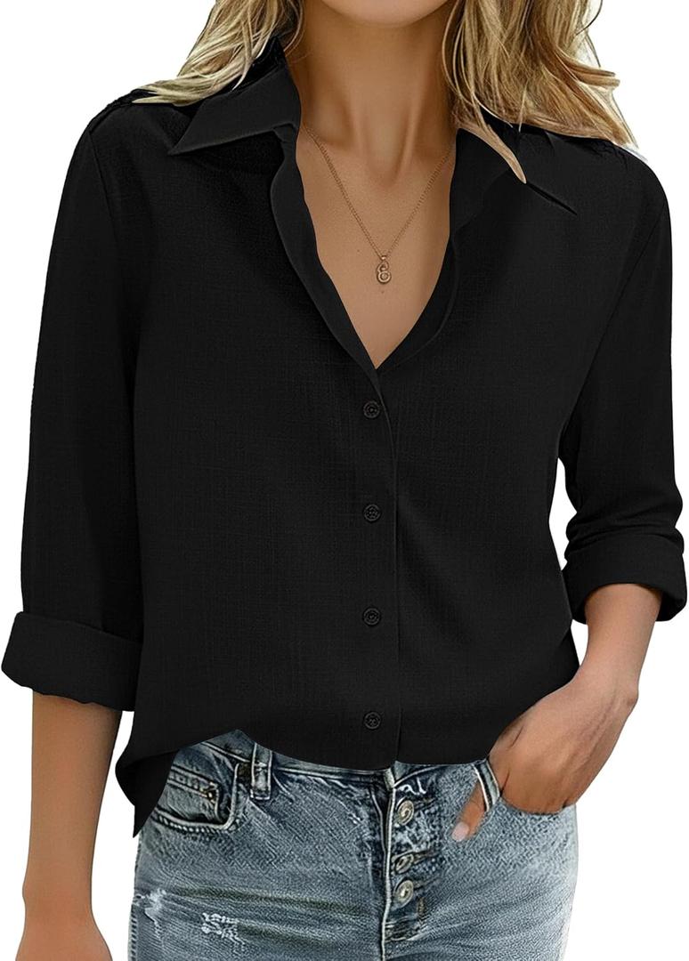 Zeagoo Womens Cotton Linen Button Down Shirts Loose Fit Long Sleeve Collared Blouse Casual V Neck Tops Outfits (Large)