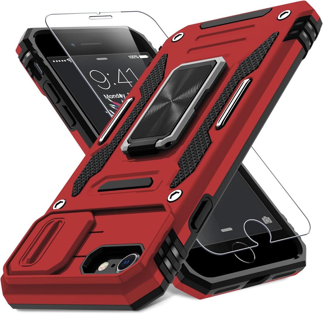 DEERLAMN Case for iPhone SE 2022/2020,for iPhone 8/7 with Slide Camera Cover+Screen Protector,Rotated Ring Kickstand Military Grade Shockproof Protective Cover 4.7 Inch-Red