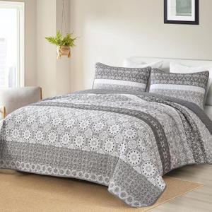 Grey Boho Quilt Full Set,Bohemian Floral Striped Patchwork Bedspread Coverlet Set with 2 Pillowcases,Lightweight Microfiber Bohemian Bedding Set Full 78"×90"