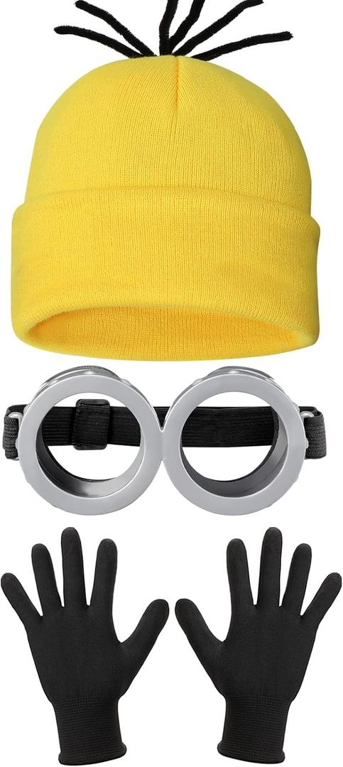3 Pcs Halloween Costume Accessories Adult, Vintage Goggoles Eyewear Glasses/Yellow Beanie Knit Hat/Black Gloves for Kids Men Women Cosplay Party Set