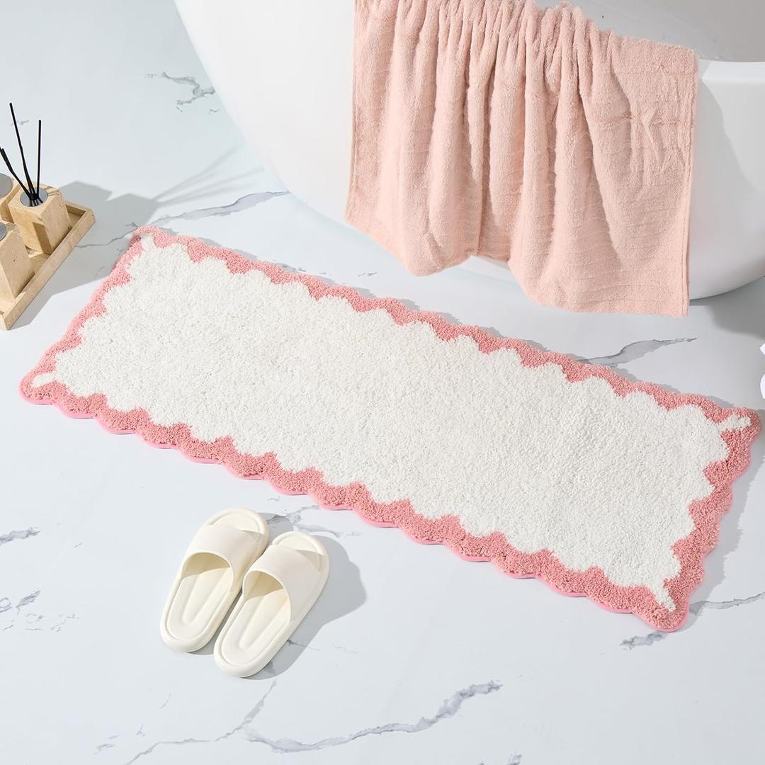 ORTIGIA Long Cute Scalloped Bathroom Rugs Runner, Fun White and Pink Plush Microfiber Scallop Bath Mats Non Slip Washable Quick Dry Absorbent, Rug Carpet for Bathtub Sink Laundry Room Bedroom, 17x47 (1'5" x 3'11")