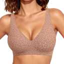 OEAK Womens Deep V Bras Wireless Comfortable Bra Supportive No Underwire Bras Tshirt Push Up Bralettes Plunge Seamless Bra (Large, Leopard Light-coffee)