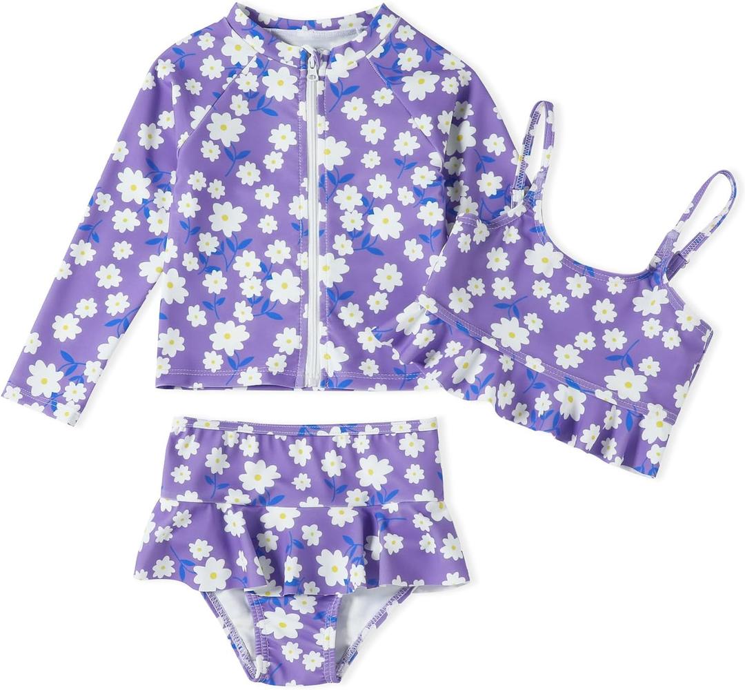 DREAM BUS Toddler Girls Long Sleeve Swimsuit 3 Piece Rashguard Set with Bikini Top Baby Girls Bathing Suit Swimwear (Size: 4-5T, Purple)