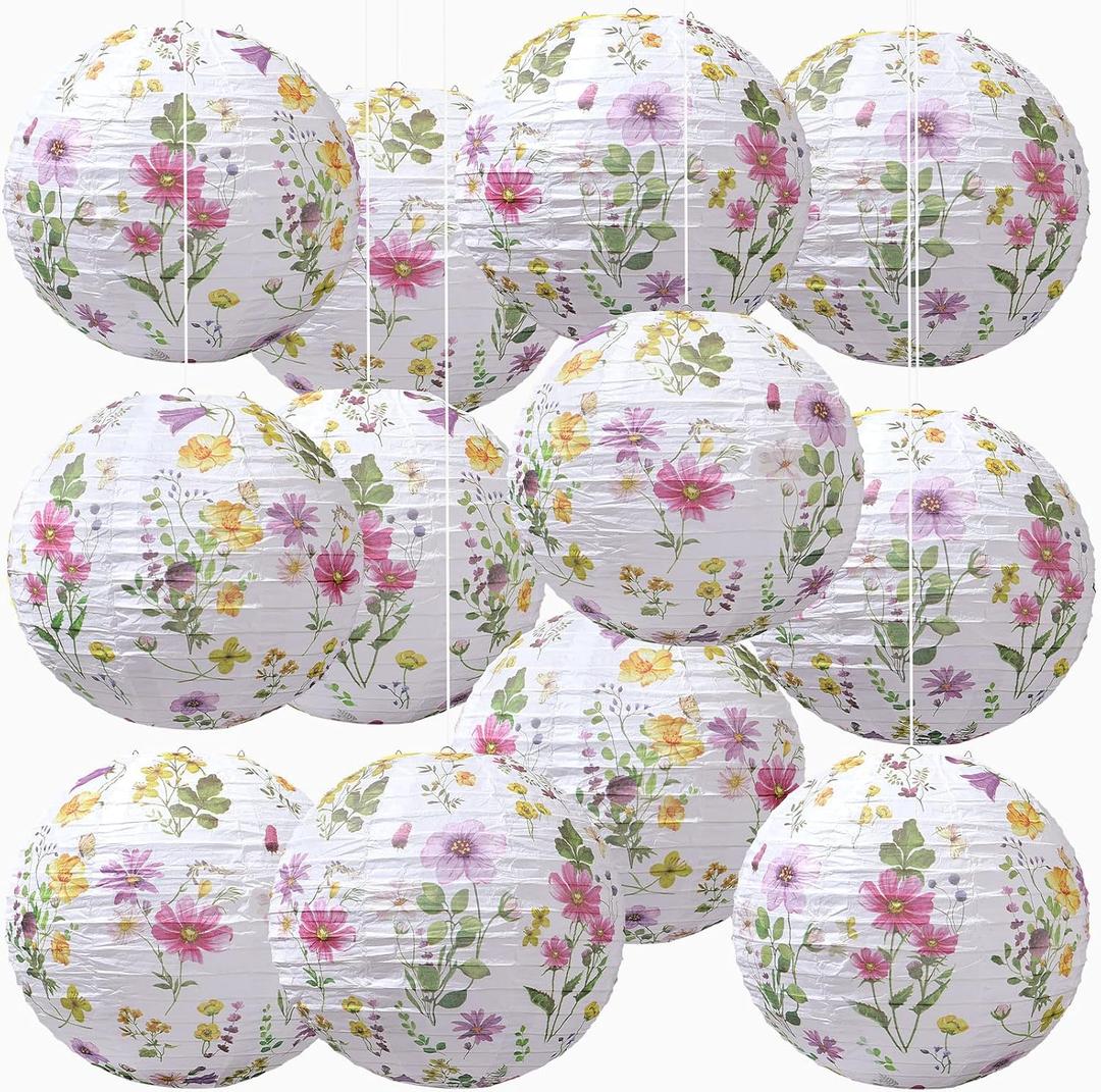 Honoson 12 Pcs Wildflower Paper Lanterns Spring Floral Watercolor Wildflower Party Decorations Hanging 10 Inch Chinese Lanterns for Wedding Bridal Shower Baby Shower Tea Party Decorations (Pastel)