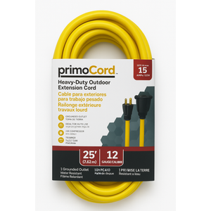 PrimoCord E00021 Apollo Wire & Cable, 25ft Heavy-Duty Outdoor Extension Cord 12/3 SJTW with 3-Prong Grounded Plug and Single Outlet - 15 Amps, 1875 Watts, 125 VAC (25ft, 12 Gauge, Yellow)