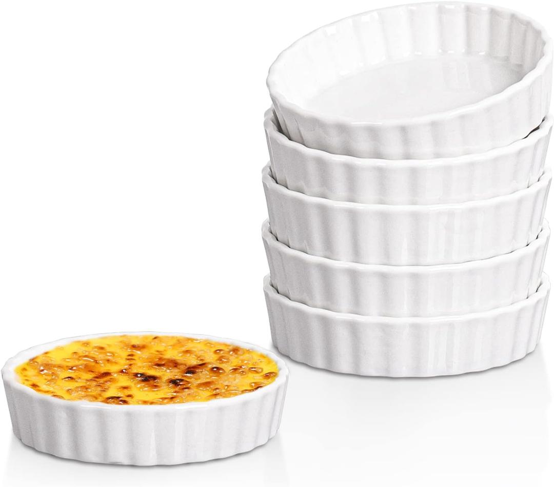 Delling Creme Brulee Ramekins - 6 Piece Set, 8 oz Round Fluted Quiche Dishes, Oven Safe, White