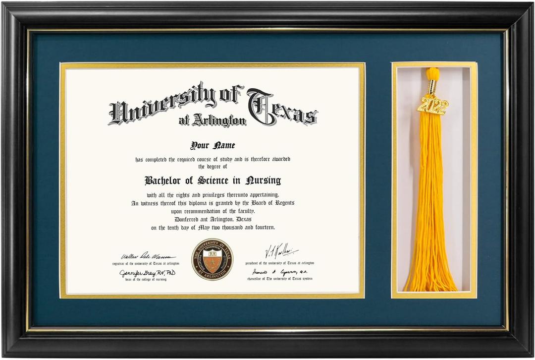 GraduationMall 11x17 Black Wood Diploma Frame with Tassel Holder for 8.5x11 Certificate Document,Real Glass,Navy Blue over Gold Mat