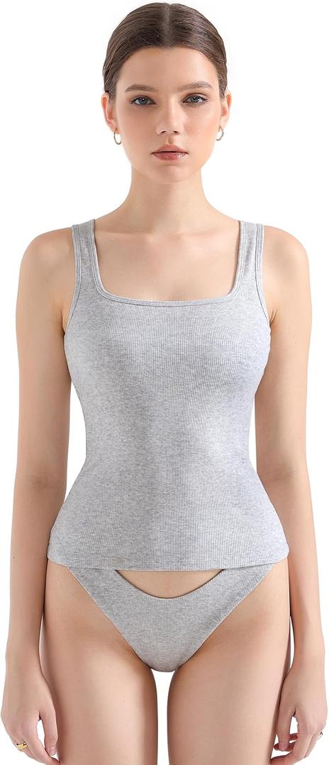 SUUKSESS Women Padded Cotton Ribbed Long Tank Tops 2025 Summer Going Out Basic Scoop Neck Cami Tops (Small, 09 Flower Grey)