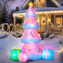 JOIEDOMI 7 FT Tall Christmas Tree Inflatables Outdoor Decoration, Christmas Inflatable Pink Tree with 3 Gift Boxes, Blow Up Xmas Tree with Build-in LEDs for Xmas Outdoor Yard Garden Lawn Decor