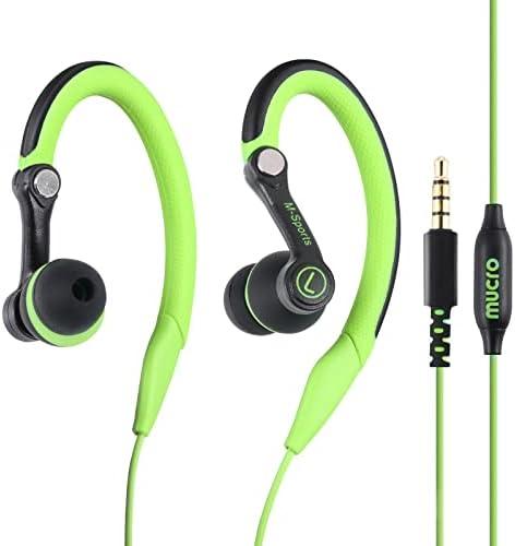 mucro Sports Headphones Wired Earbuds with Microphone, Over Ear Hook Earphones Sweatproof in Ear Running Exercise Workout Gym Ear Buds for 3.5mm Jack Devices Green