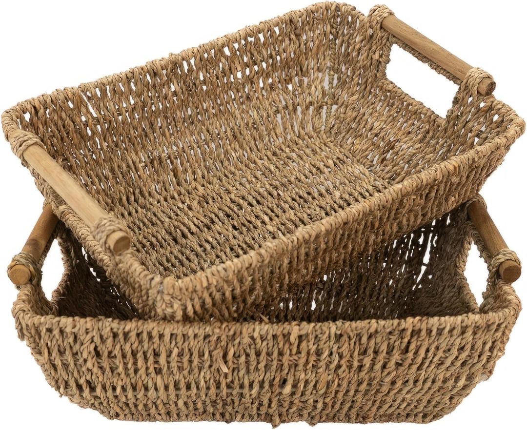 HOMESTEAD Seagrass Baskets with Wooden Handles for Storage, Medium Rectangular Wicker Basket for Bedroom, Living Room, Bathroom, Shelves - 2 Packs
