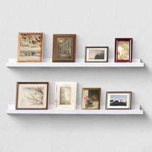 Picture Ledge Shelf White Floating Shelves 47.2" Set of 2 Wood Picture Shelves for Wall with Ledge Long Floating Shelf with Lip Display Photo Ledge Shelf for Living Room Bedroom Decor